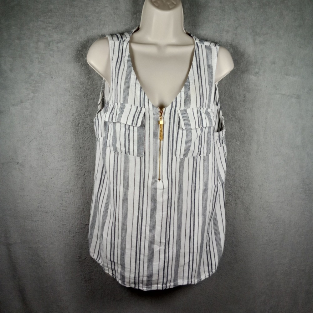 Ellen Tracy Womens‎ Navy White Striped Sleeveless V-Neck Half Zip Blouse Size M